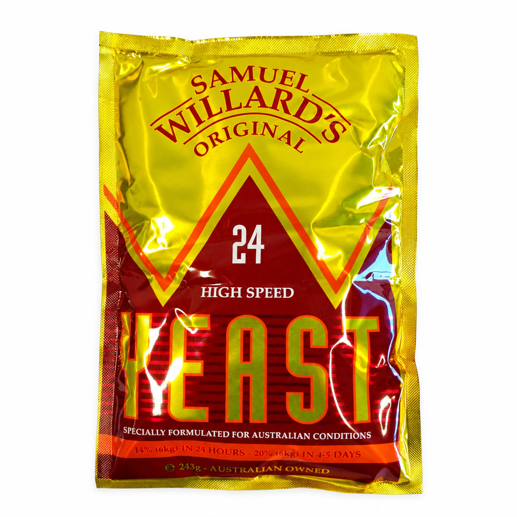 Packaging of Samuel Willards 24 Hour Yeast with red and yellow branding, indicating high speed fermentation.